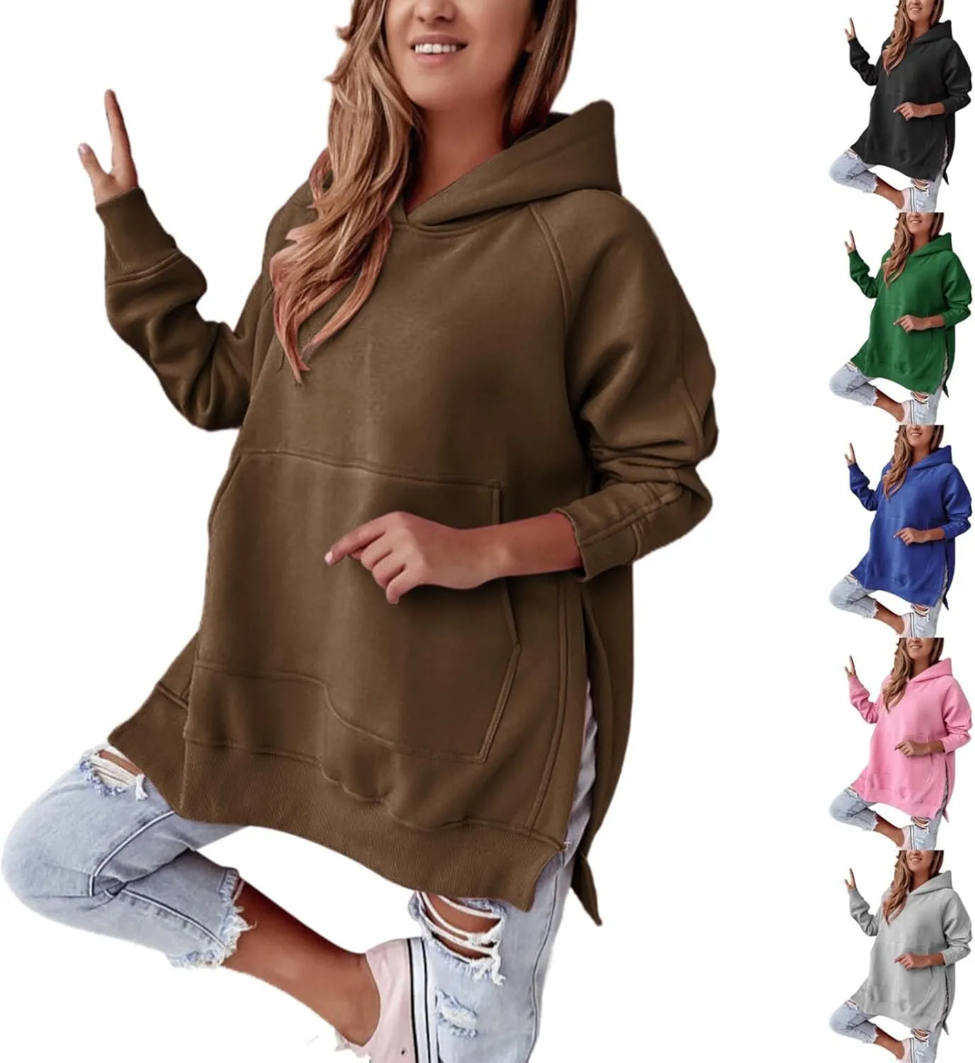 Women's Side Split Oversized Hoodies Sweatshirts Raglan Loose Fit Casual Solid Long Sleeve Pullover Tops with Kangroo Pocket