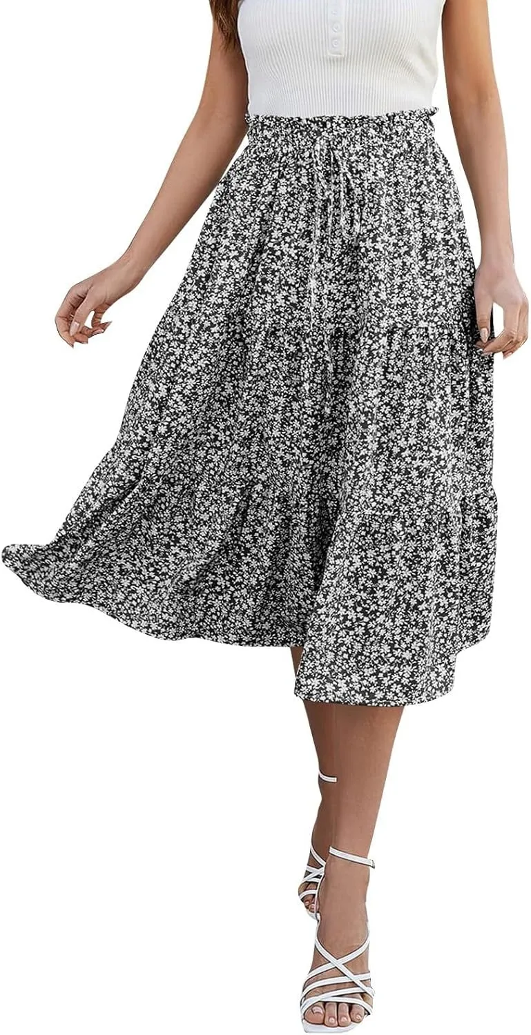 Women's Skirts Women's Summer Comfy Causal Elastic High Waisted Skirts Casual Floral Print A Line Skirt