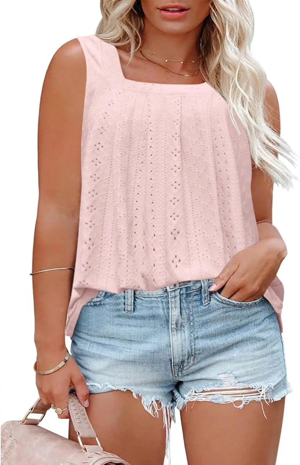 Womens Sleeveless Pleated Top Square Neck Tops for Plus Size Summer Vacation Tops Going Out Tops Fashion Trendy Tops