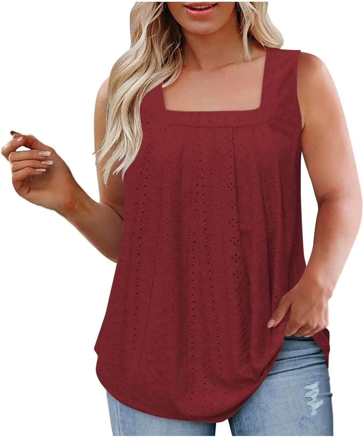 Womens Sleeveless Pleated Top Square Neck Tops for Plus Size Summer Vacation Tops Going Out Tops Fashion Trendy Tops