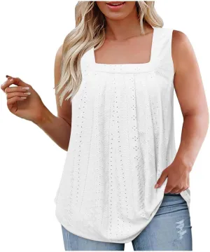 Womens Sleeveless Pleated Top Square Neck Tops for Plus Size Summer Vacation Tops Going Out Tops Fashion Trendy Tops