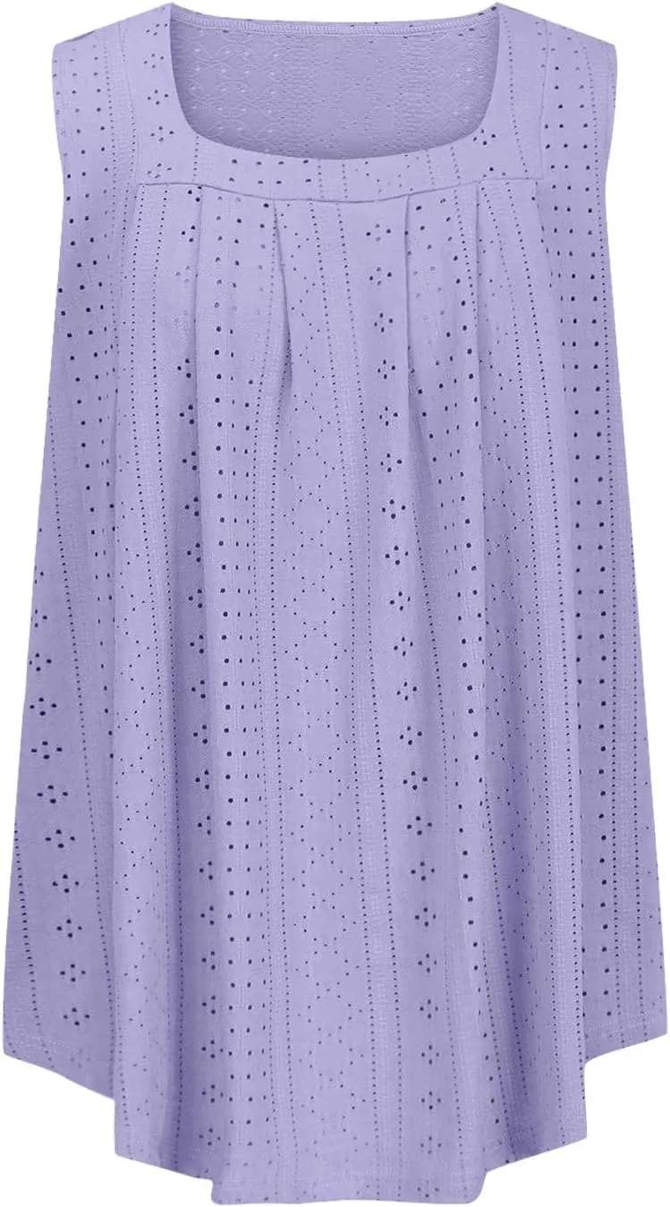 Womens Sleeveless Pleated Top Square Neck Tops for Plus Size Summer Vacation Tops Going Out Tops Fashion Trendy Tops