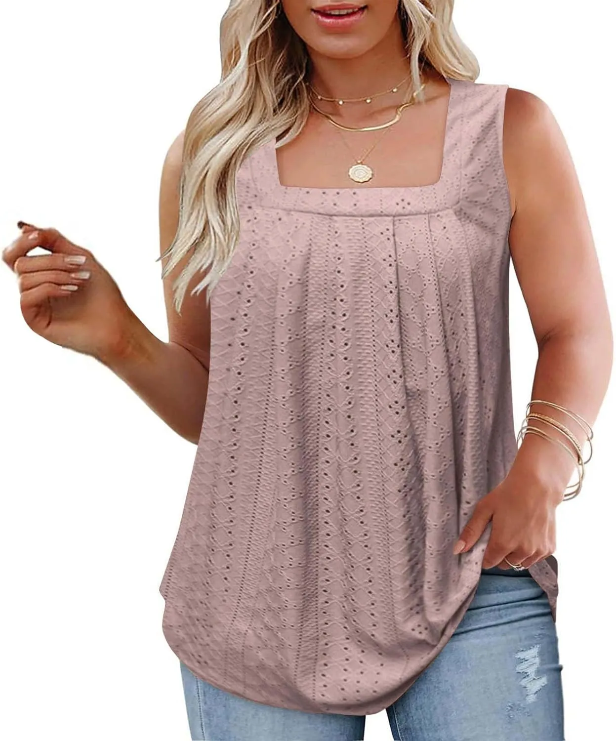 Womens Sleeveless Pleated Top Square Neck Tops for Plus Size Summer Vacation Tops Going Out Tops Fashion Trendy Tops