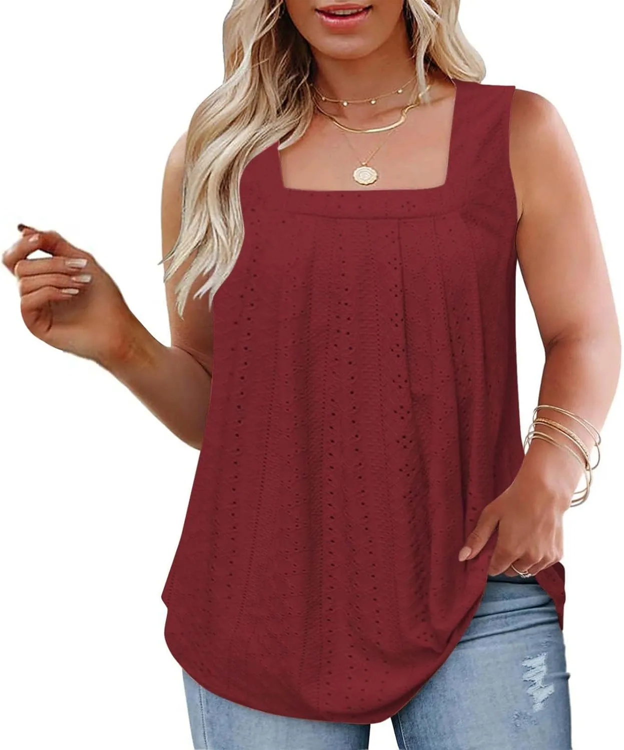 Womens Sleeveless Pleated Top Square Neck Tops for Plus Size Summer Vacation Tops Going Out Tops Fashion Trendy Tops