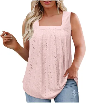Womens Sleeveless Pleated Top Square Neck Tops for Plus Size Summer Vacation Tops Going Out Tops Fashion Trendy Tops