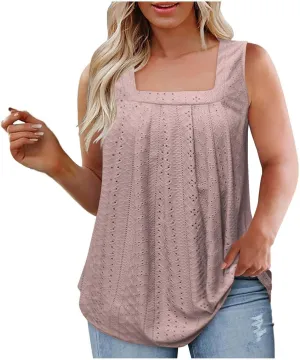 Womens Sleeveless Pleated Top Square Neck Tops for Plus Size Summer Vacation Tops Going Out Tops Fashion Trendy Tops