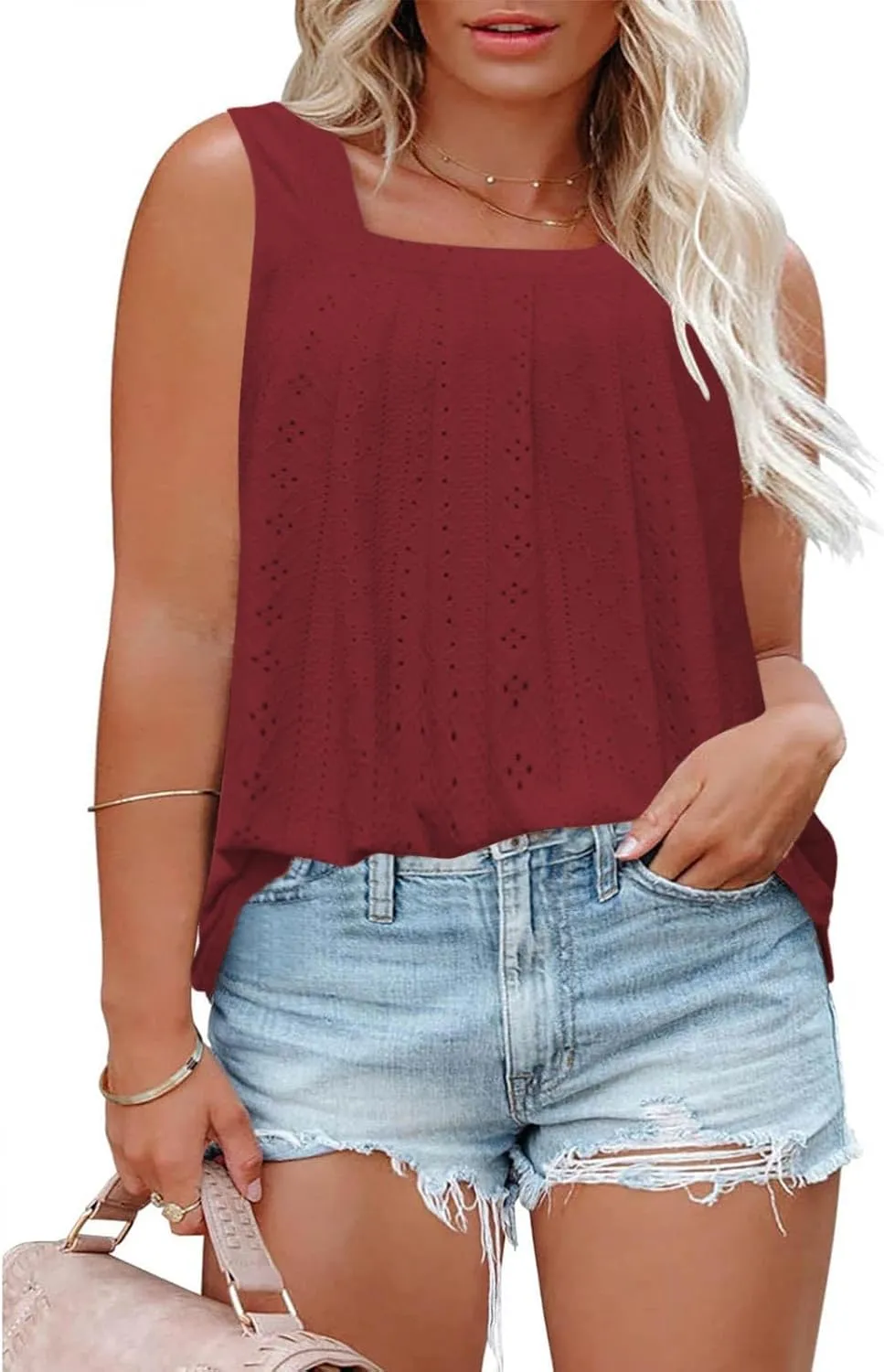 Womens Sleeveless Pleated Top Square Neck Tops for Plus Size Summer Vacation Tops Going Out Tops Fashion Trendy Tops