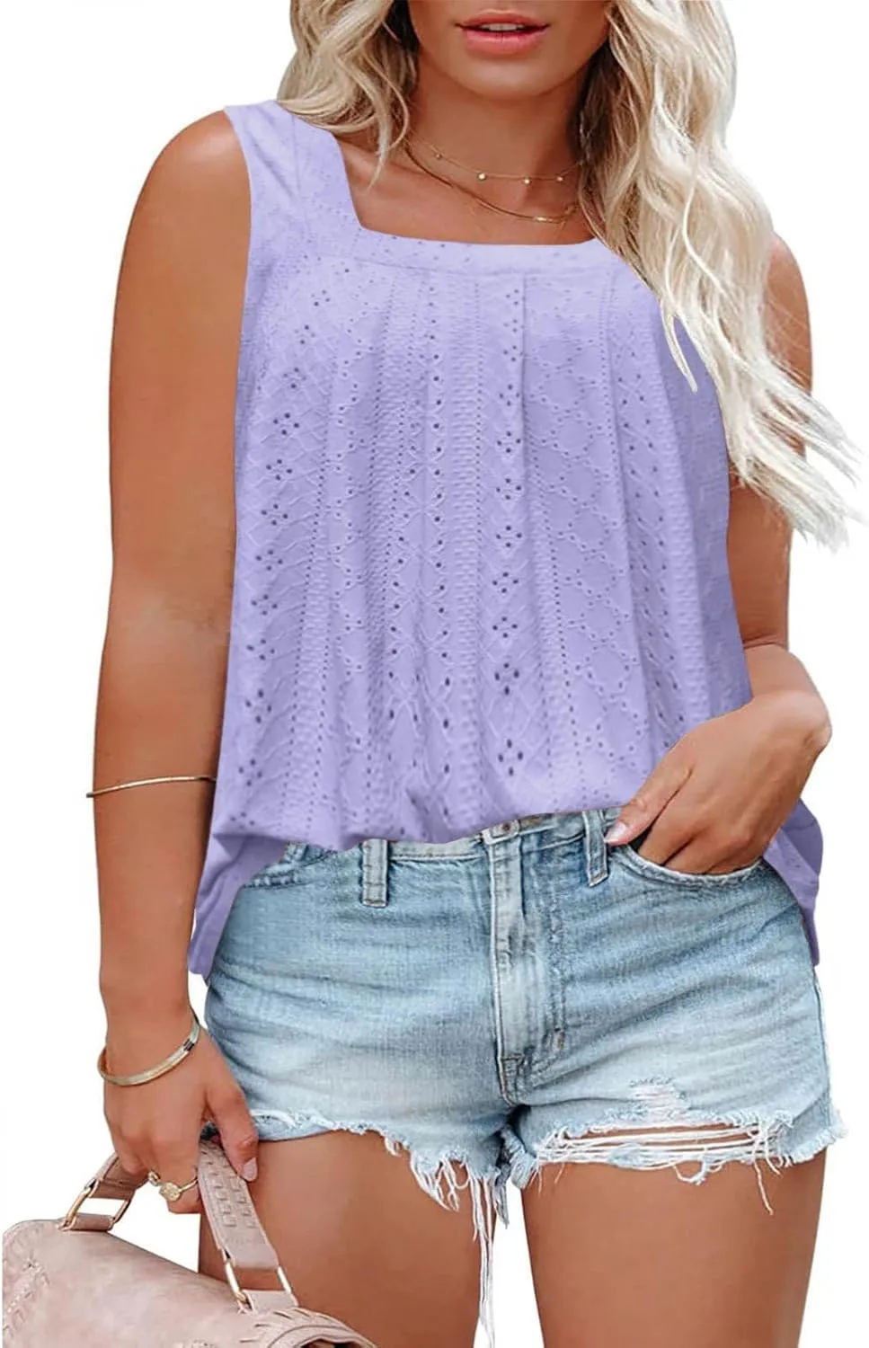 Womens Sleeveless Pleated Top Square Neck Tops for Plus Size Summer Vacation Tops Going Out Tops Fashion Trendy Tops