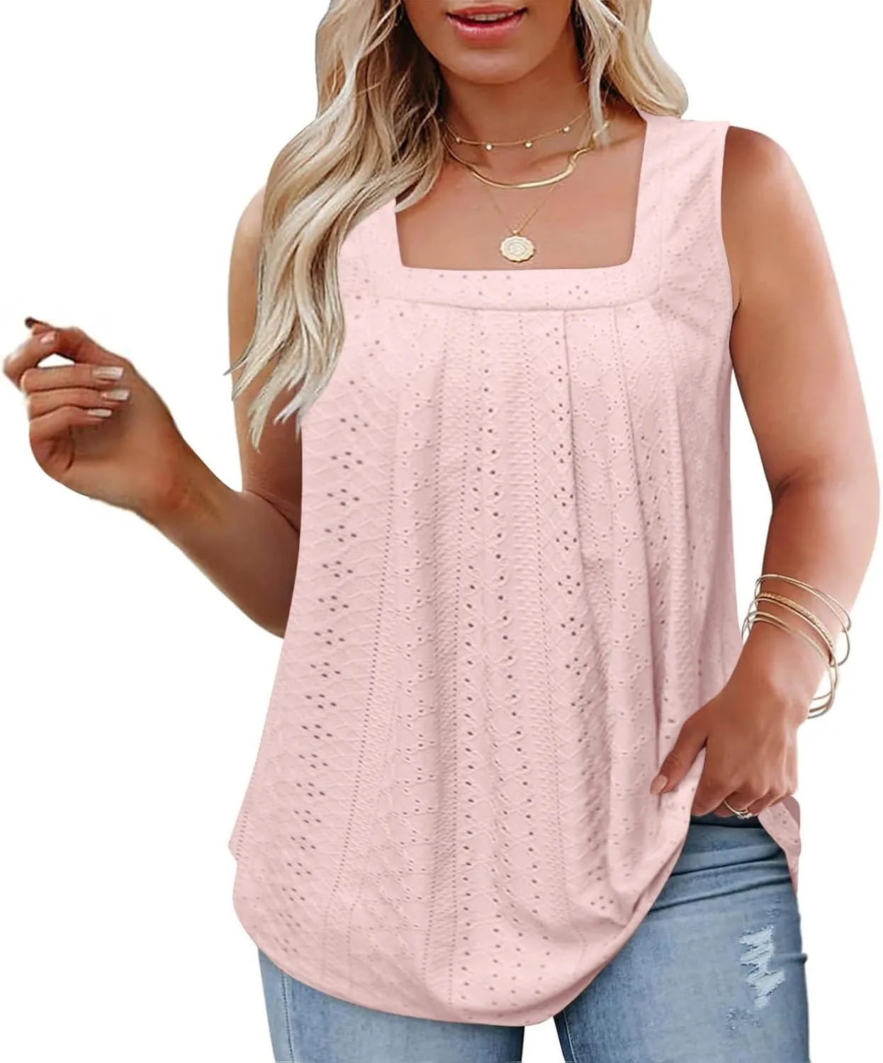 Womens Sleeveless Pleated Top Square Neck Tops for Plus Size Summer Vacation Tops Going Out Tops Fashion Trendy Tops
