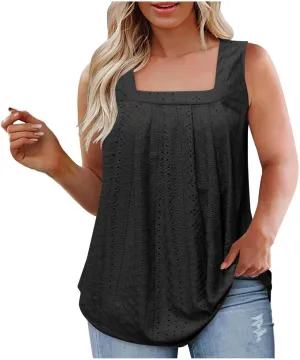 Womens Sleeveless Pleated Top Square Neck Tops for Plus Size Summer Vacation Tops Going Out Tops Fashion Trendy Tops