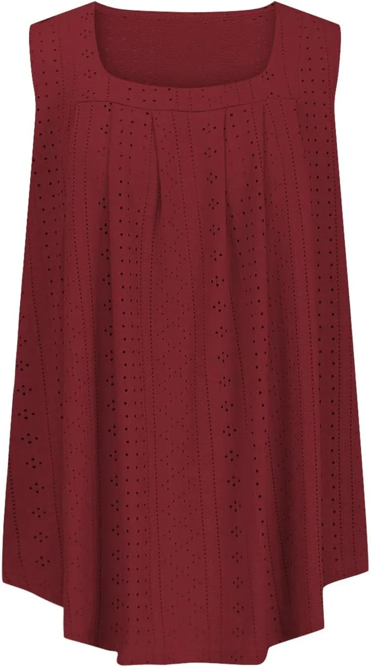 Womens Sleeveless Pleated Top Square Neck Tops for Plus Size Summer Vacation Tops Going Out Tops Fashion Trendy Tops
