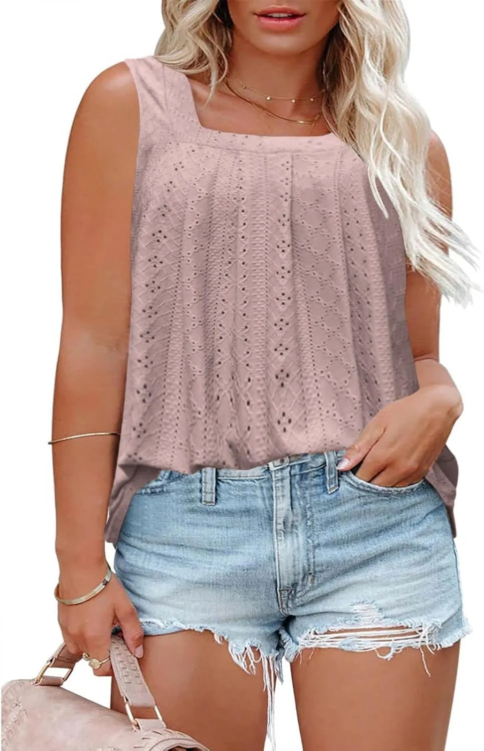 Womens Sleeveless Pleated Top Square Neck Tops for Plus Size Summer Vacation Tops Going Out Tops Fashion Trendy Tops
