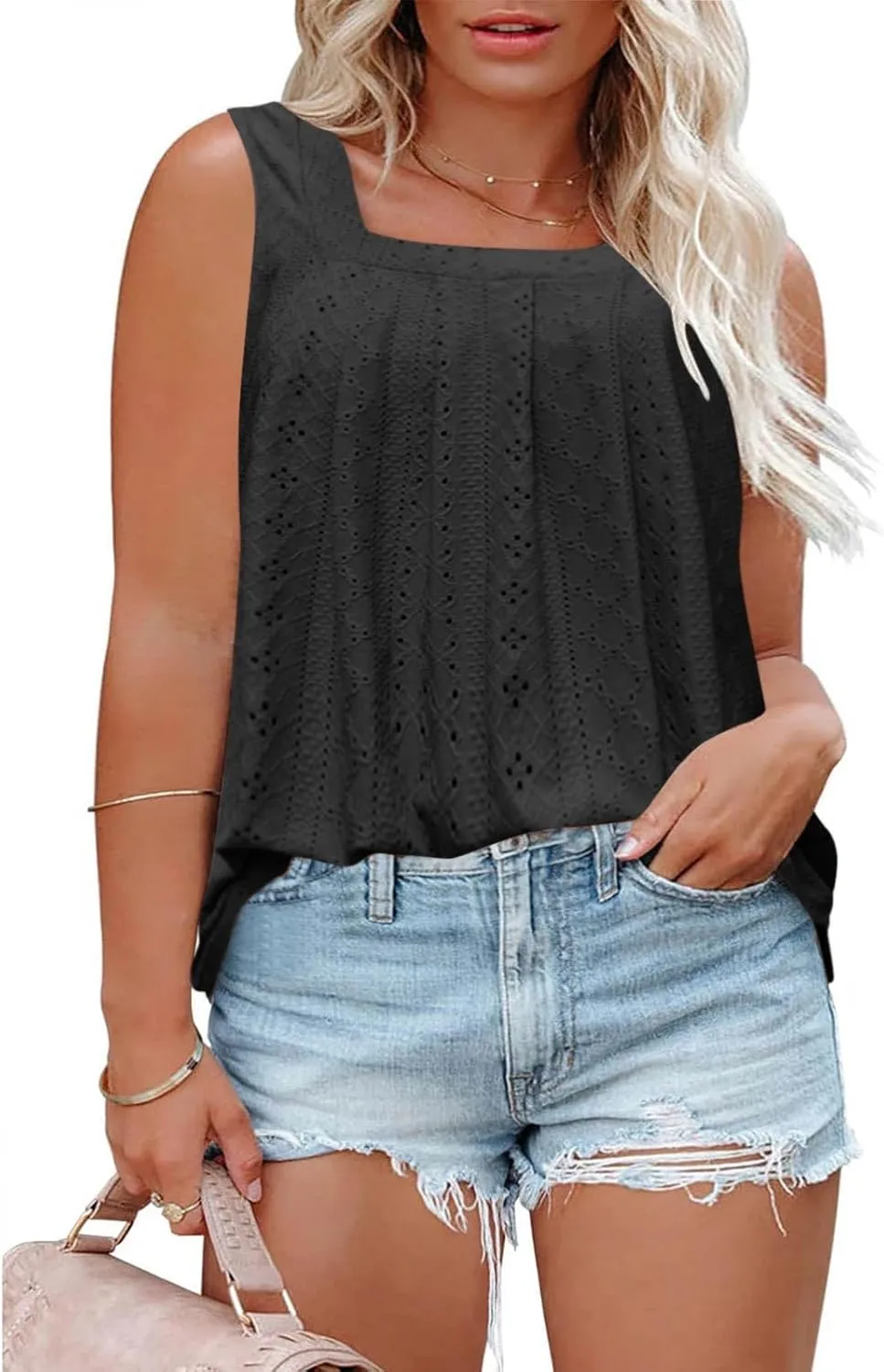 Womens Sleeveless Pleated Top Square Neck Tops for Plus Size Summer Vacation Tops Going Out Tops Fashion Trendy Tops