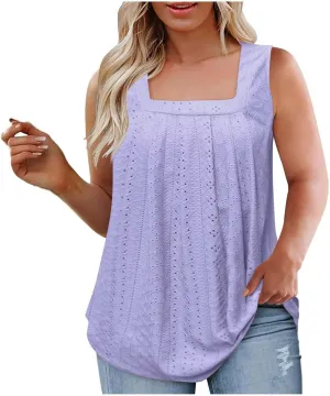 Womens Sleeveless Pleated Top Square Neck Tops for Plus Size Summer Vacation Tops Going Out Tops Fashion Trendy Tops