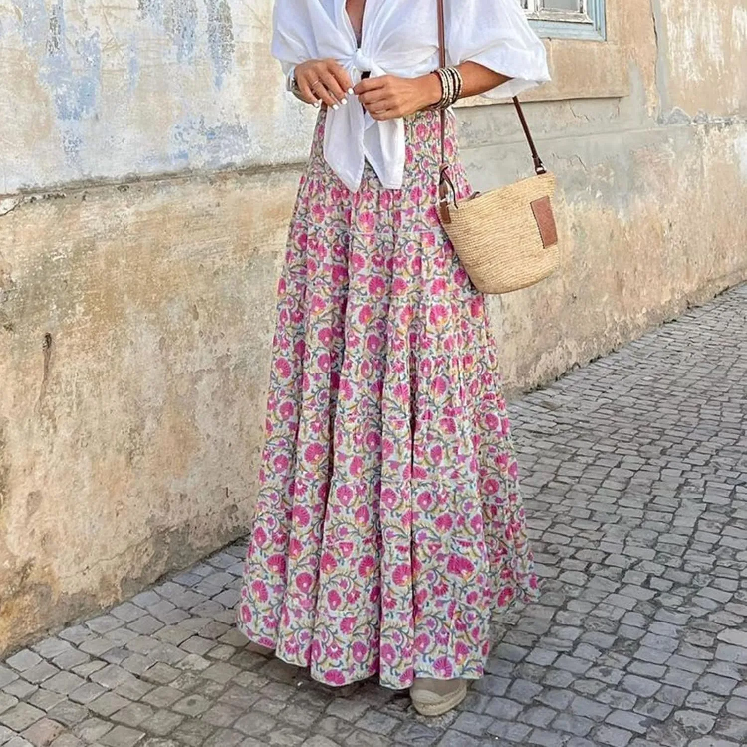 Women's Smocked High Waist Maxi Skirts Pleated Flowy Casual Boho Long Skirt Summer Trendy Vintage Boho Dress Skorts