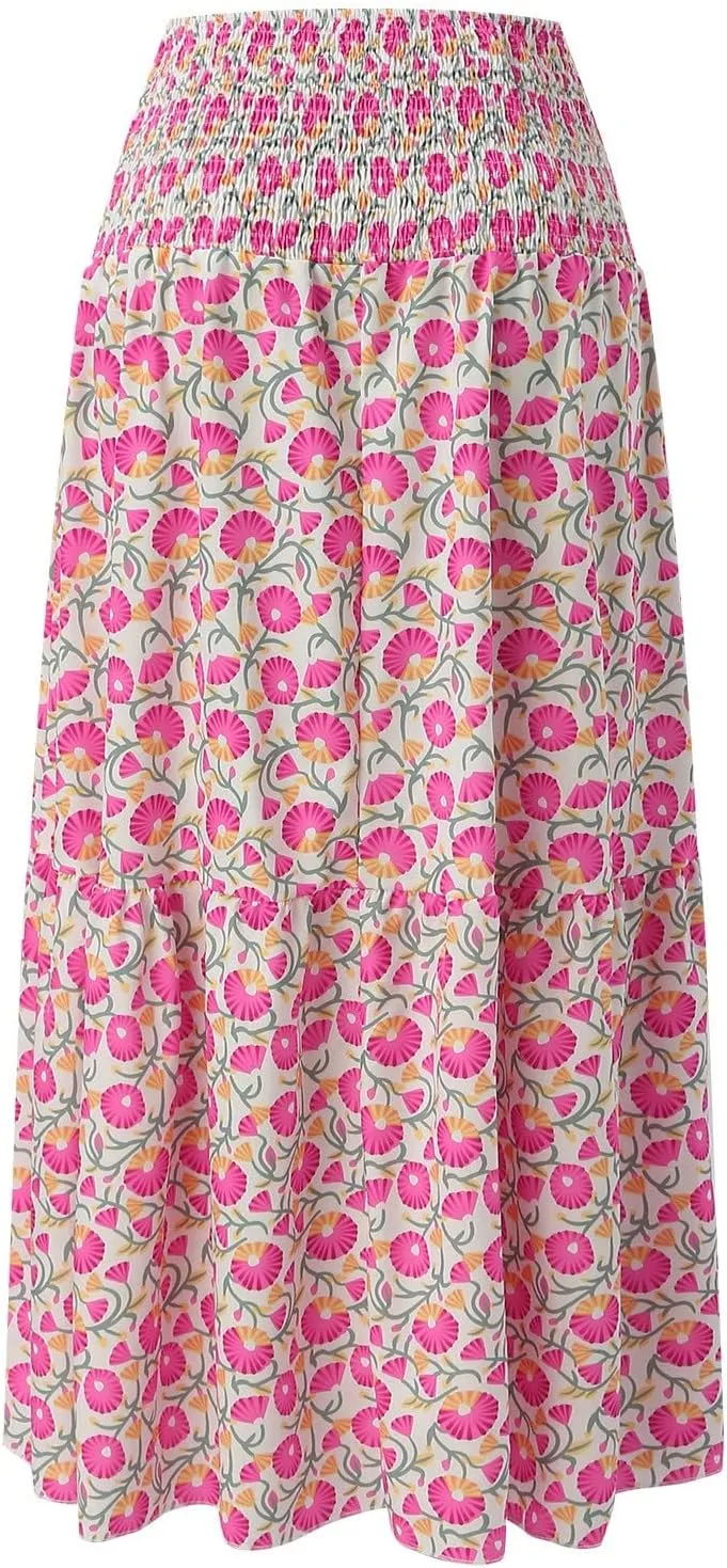Women's Smocked High Waist Maxi Skirts Pleated Flowy Casual Boho Long Skirt Summer Trendy Vintage Boho Dress Skorts