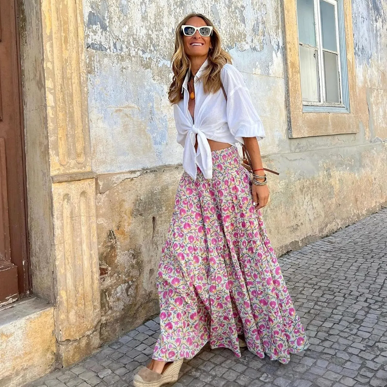 Women's Smocked High Waist Maxi Skirts Pleated Flowy Casual Boho Long Skirt Summer Trendy Vintage Boho Dress Skorts