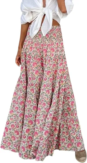 Women's Smocked High Waist Maxi Skirts Pleated Flowy Casual Boho Long Skirt Summer Trendy Vintage Boho Dress Skorts