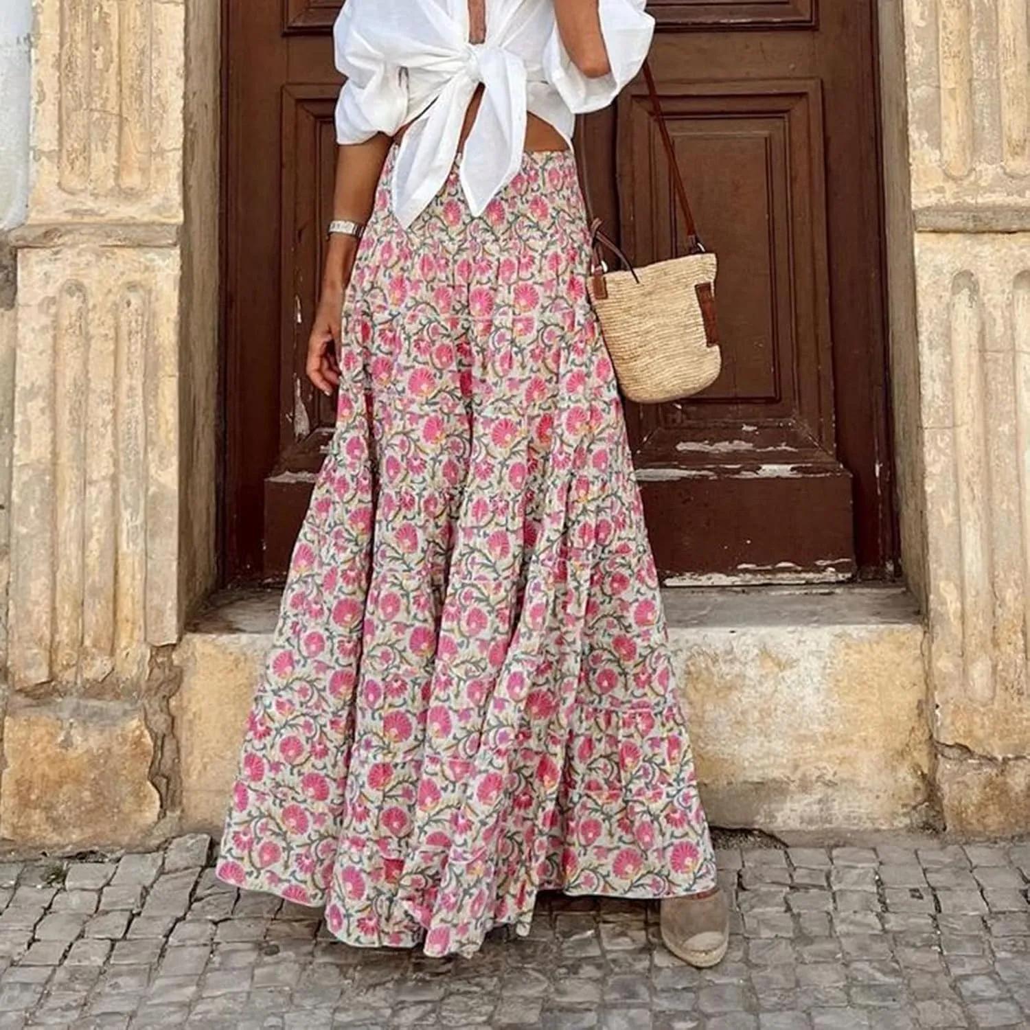Women's Smocked High Waist Maxi Skirts Pleated Flowy Casual Boho Long Skirt Summer Trendy Vintage Boho Dress Skorts