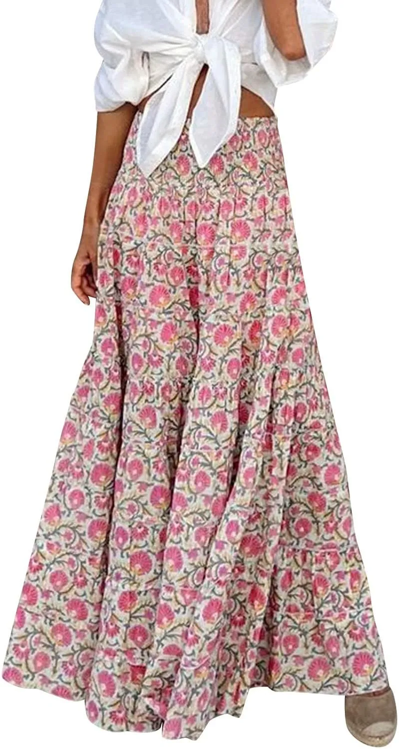 Women's Smocked High Waist Maxi Skirts Pleated Flowy Casual Boho Long Skirt Summer Trendy Vintage Boho Dress Skorts