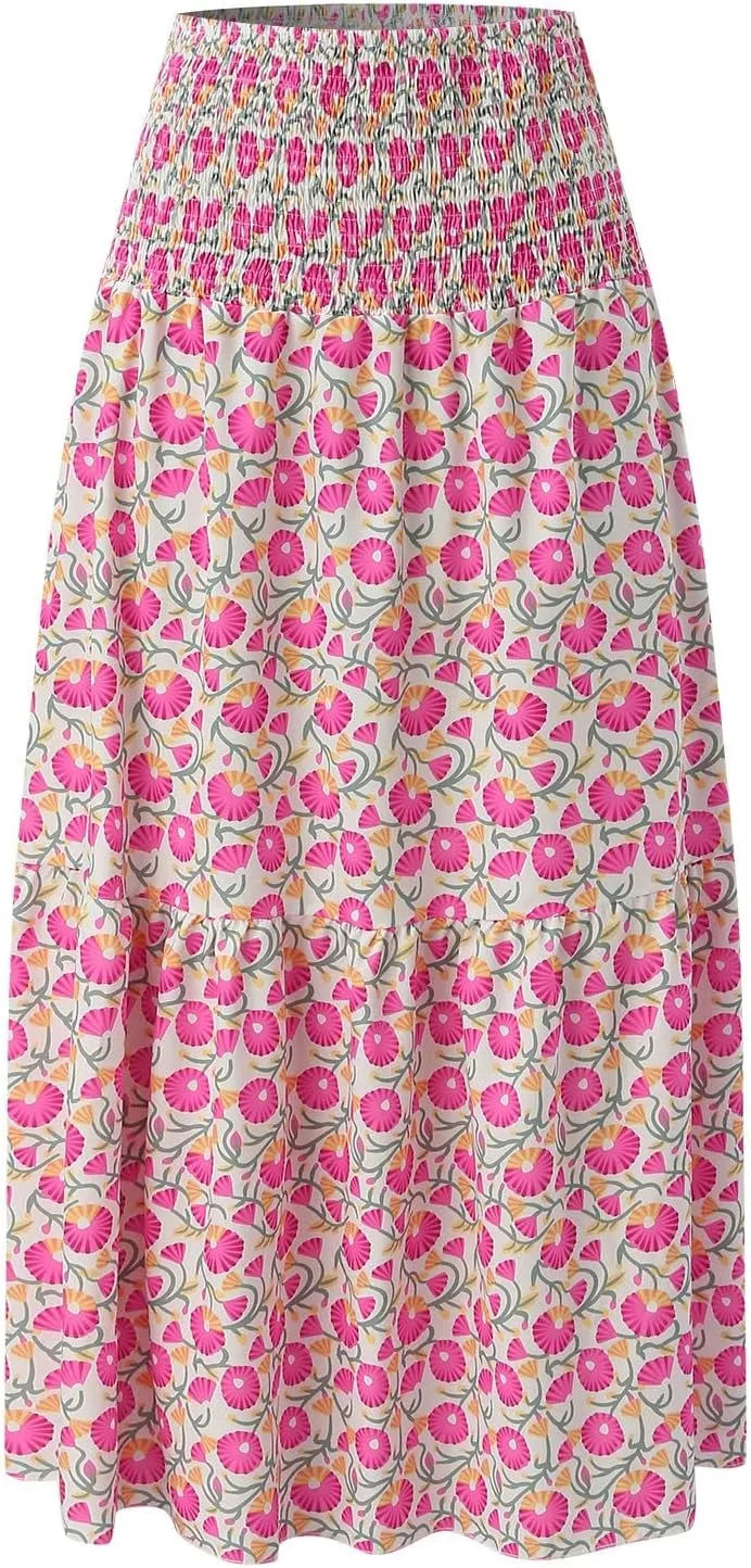 Women's Smocked High Waist Maxi Skirts Pleated Flowy Casual Boho Long Skirt Summer Trendy Vintage Boho Dress Skorts