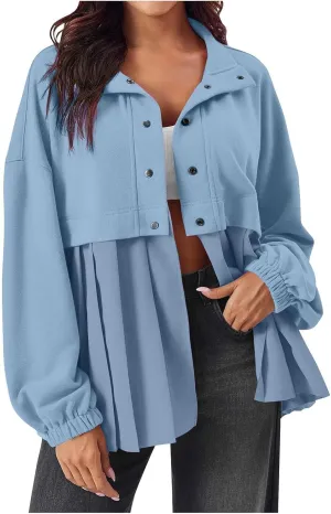 Women's Snaps Down Jackets Long Sleeve Pleated Patchwork Casual Loose Flowy Sweatshirts Fall Fashion Coats