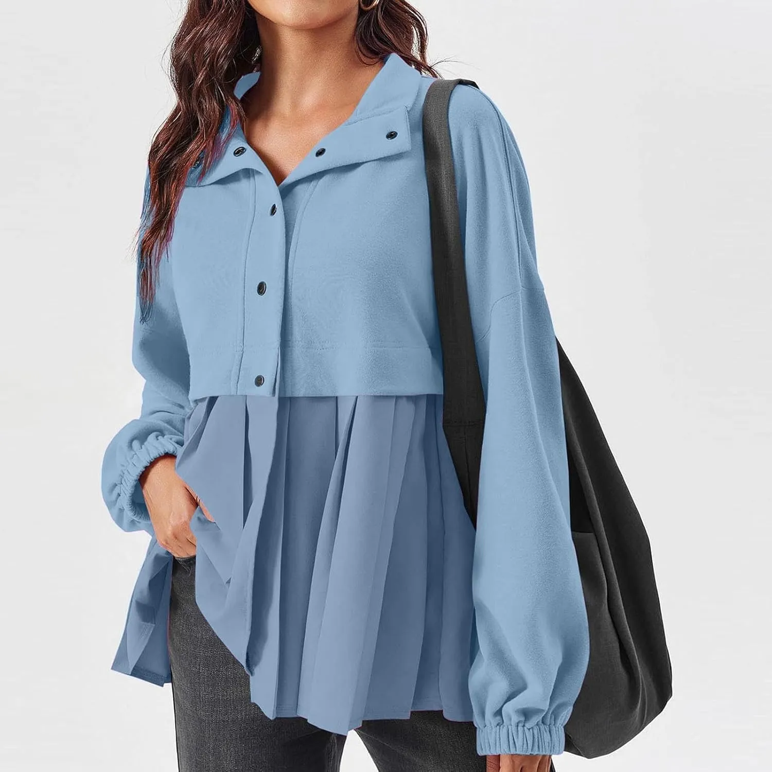 Women's Snaps Down Jackets Long Sleeve Pleated Patchwork Casual Loose Flowy Sweatshirts Fall Fashion Coats