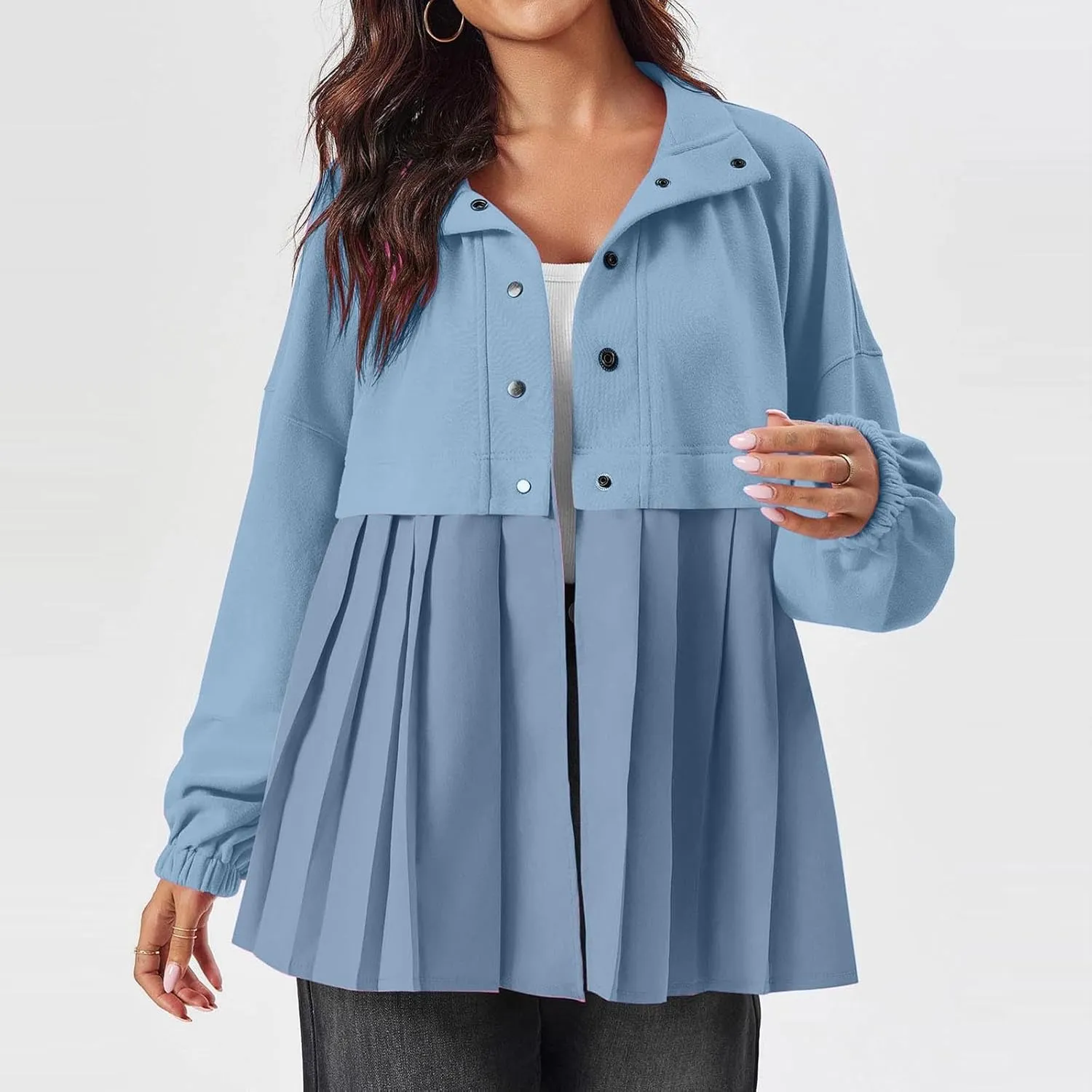 Women's Snaps Down Jackets Long Sleeve Pleated Patchwork Casual Loose Flowy Sweatshirts Fall Fashion Coats