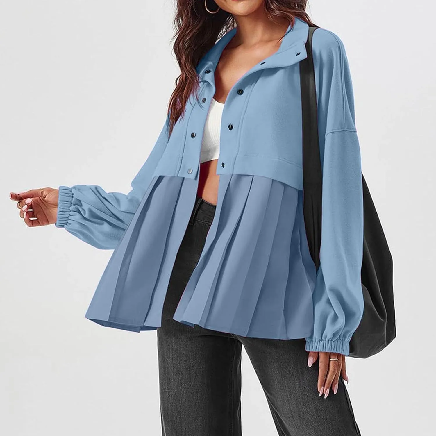 Women's Snaps Down Jackets Long Sleeve Pleated Patchwork Casual Loose Flowy Sweatshirts Fall Fashion Coats