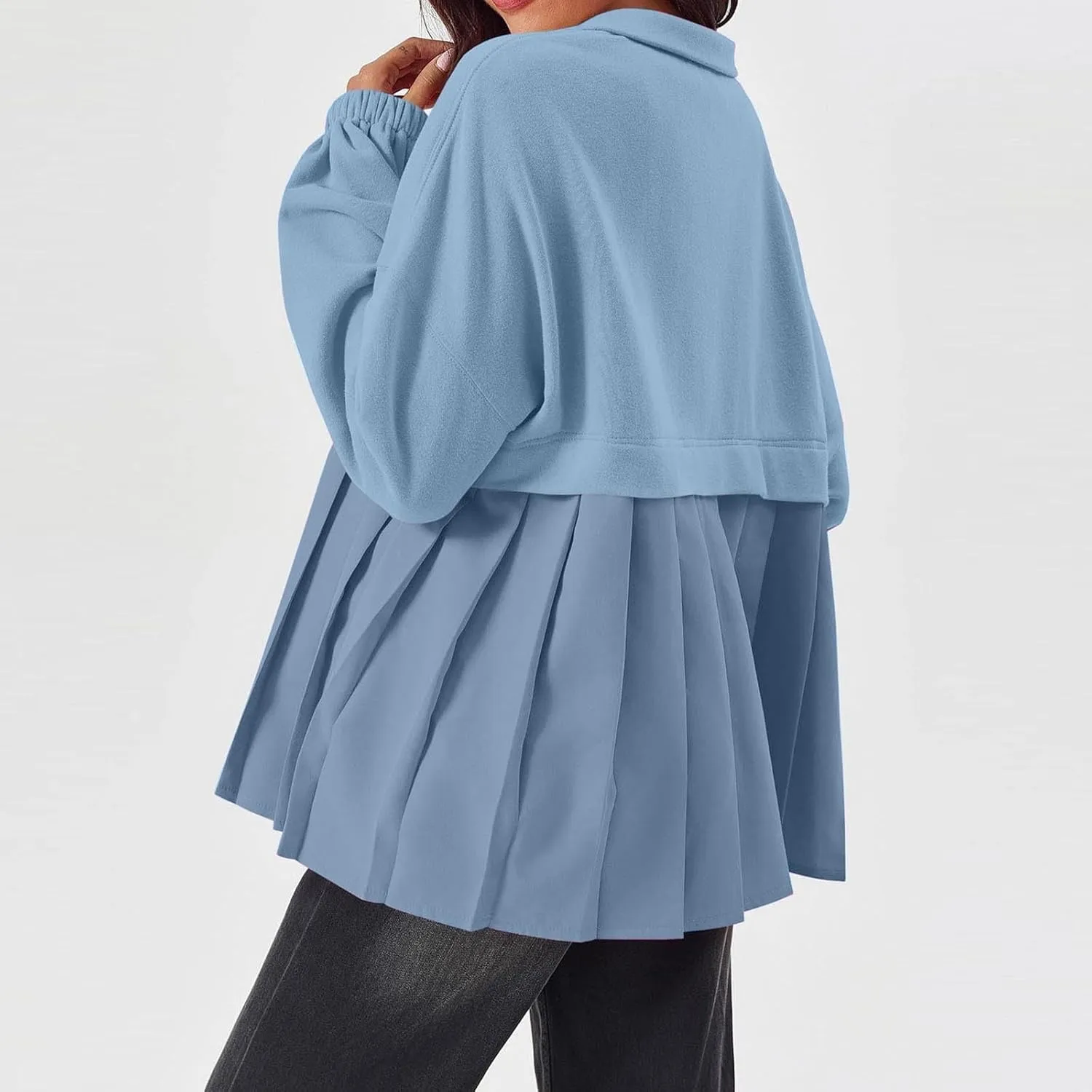 Women's Snaps Down Jackets Long Sleeve Pleated Patchwork Casual Loose Flowy Sweatshirts Fall Fashion Coats