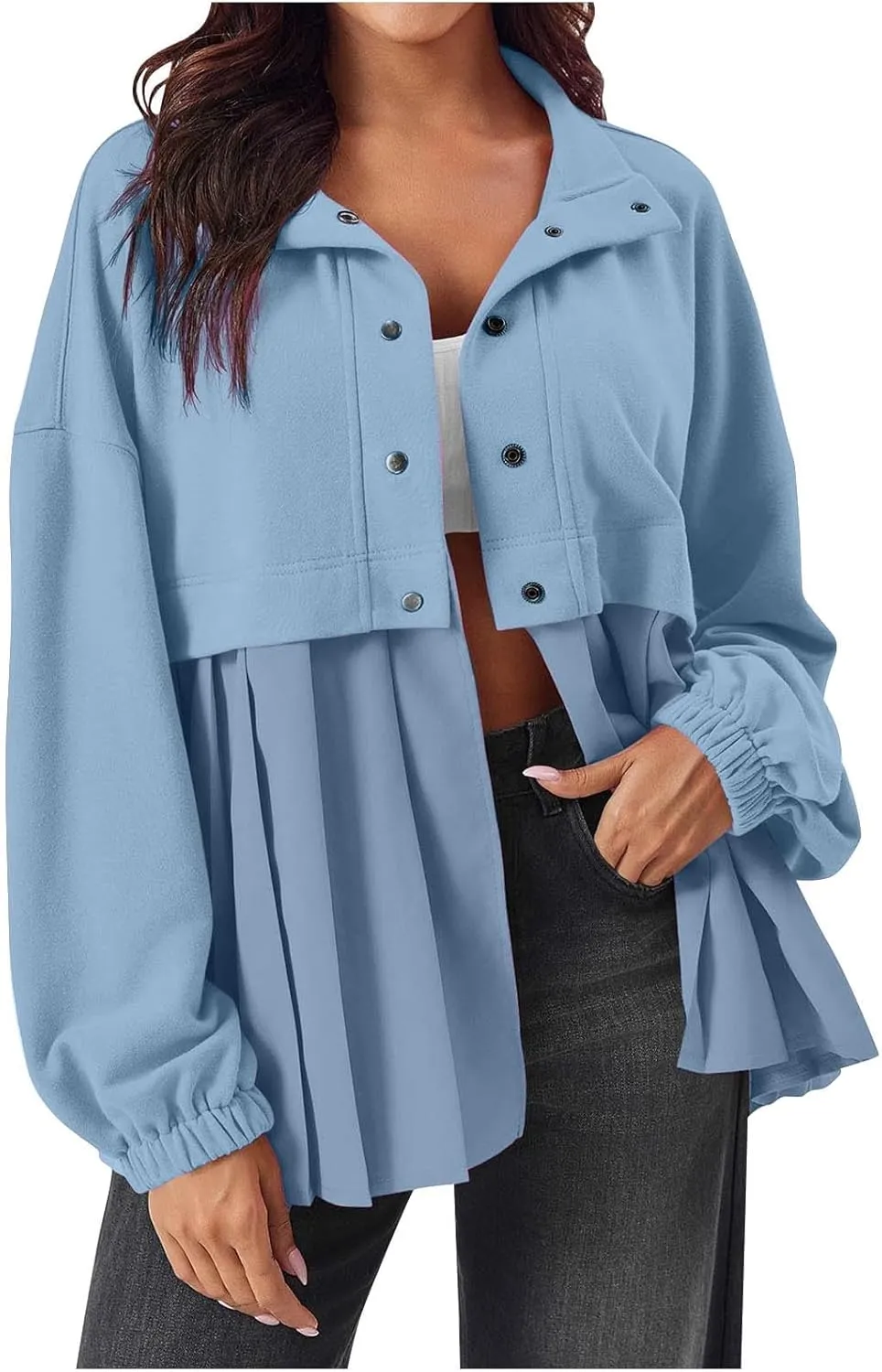 Women's Snaps Down Jackets Long Sleeve Pleated Patchwork Casual Loose Flowy Sweatshirts Fall Fashion Coats