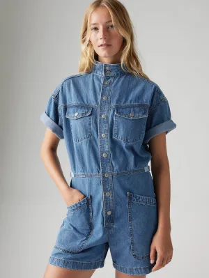 Women's Solid Blue Relaxed Fit Playsuit