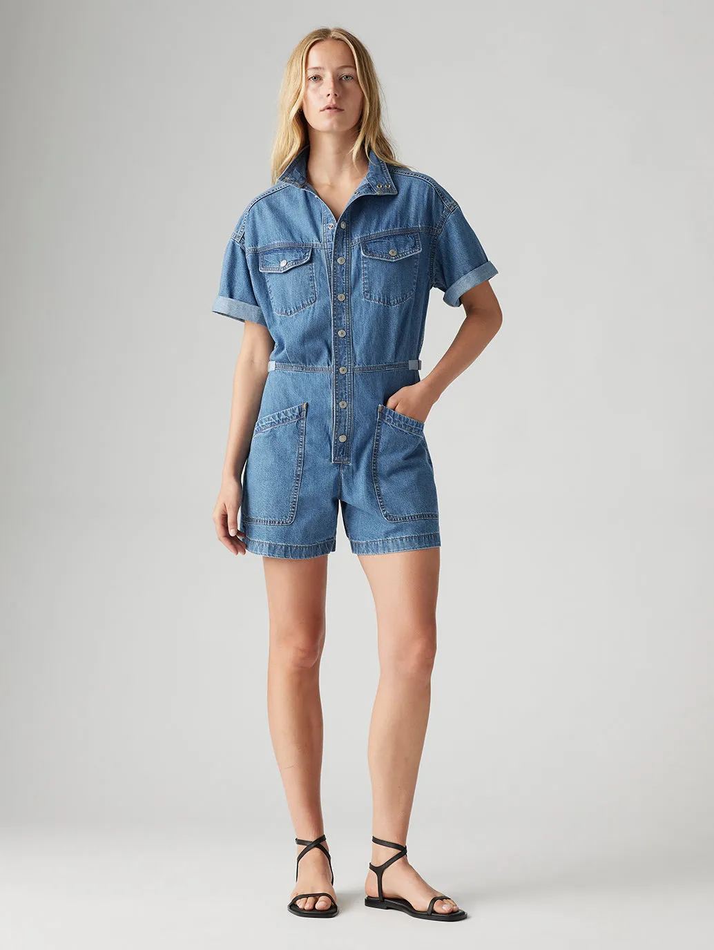 Women's Solid Blue Relaxed Fit Playsuit