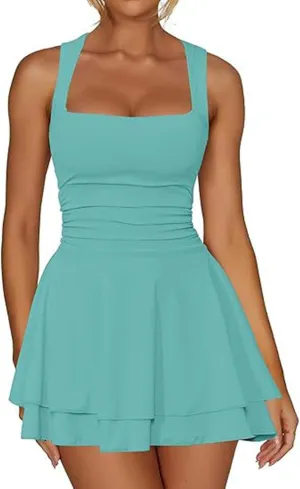 Women's Square Neck Ruffle Hem Mini Dress Ruched Waist Flowy Loose Relaxed Fit Short Trendy Comfy Soft Party Dresses