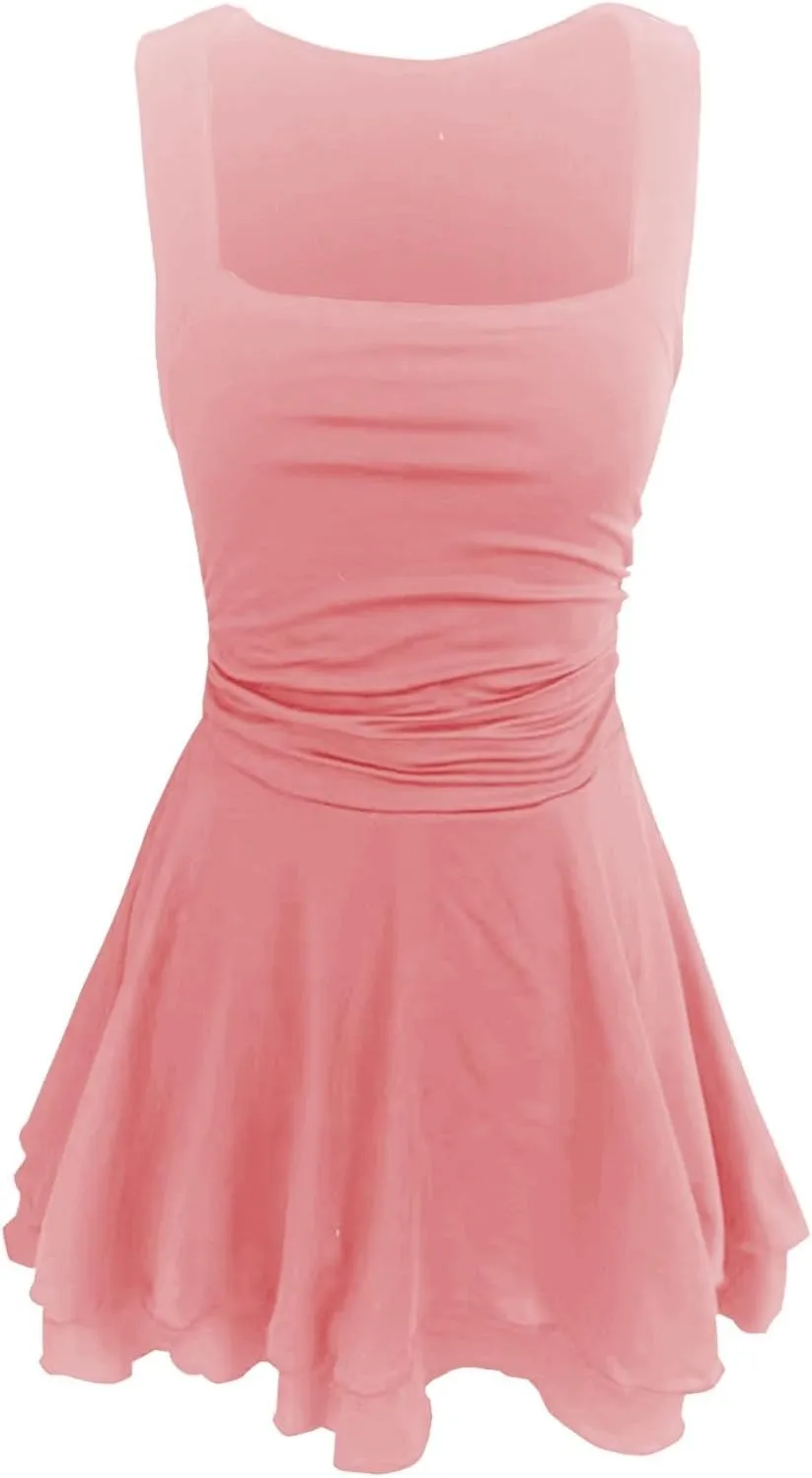 Women's Square Neck Ruffle Hem Mini Dress Ruched Waist Flowy Loose Relaxed Fit Short Trendy Comfy Soft Party Dresses