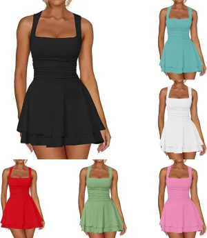 Women's Square Neck Ruffle Hem Mini Dress Ruched Waist Flowy Loose Relaxed Fit Short Trendy Comfy Soft Party Dresses