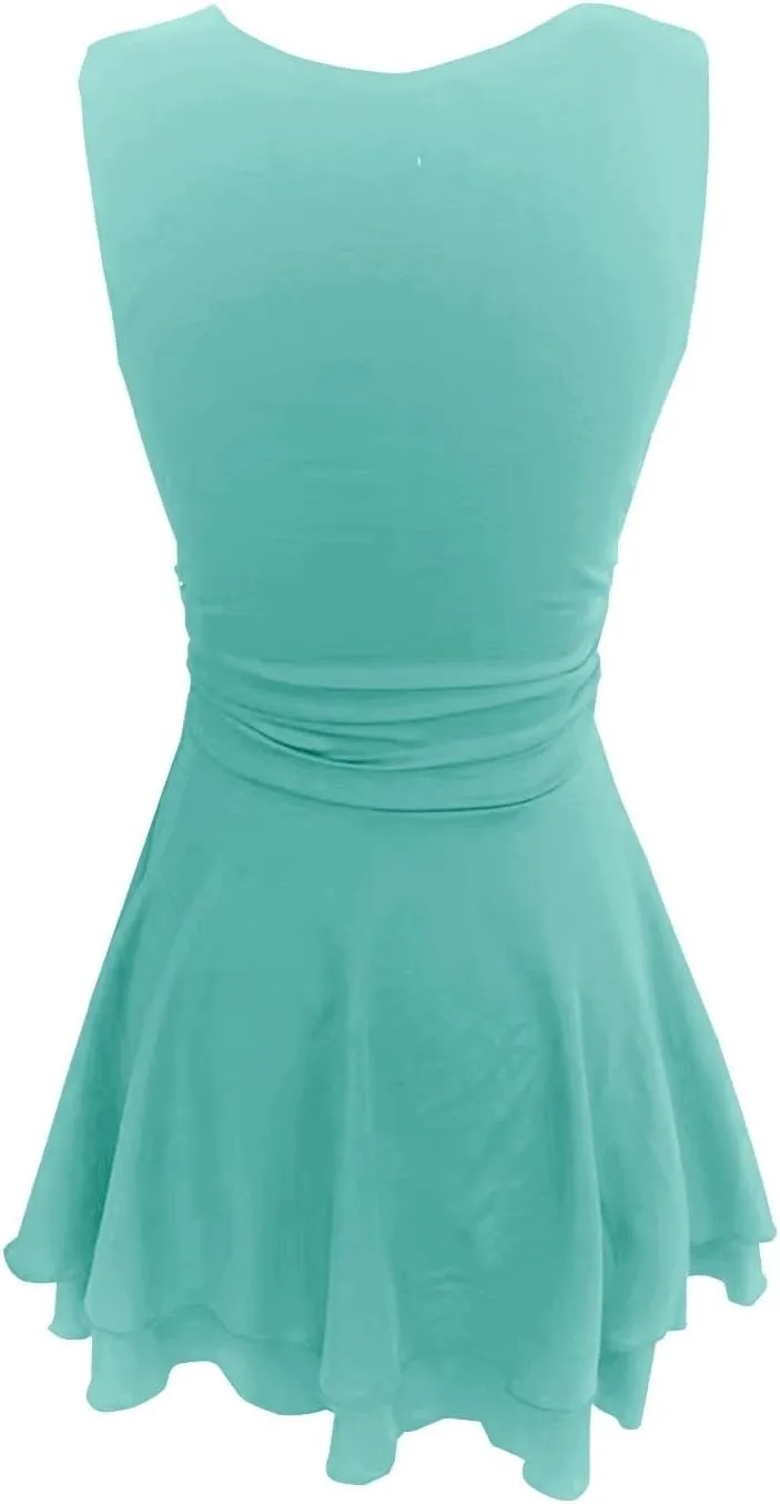 Women's Square Neck Ruffle Hem Mini Dress Ruched Waist Flowy Loose Relaxed Fit Short Trendy Comfy Soft Party Dresses