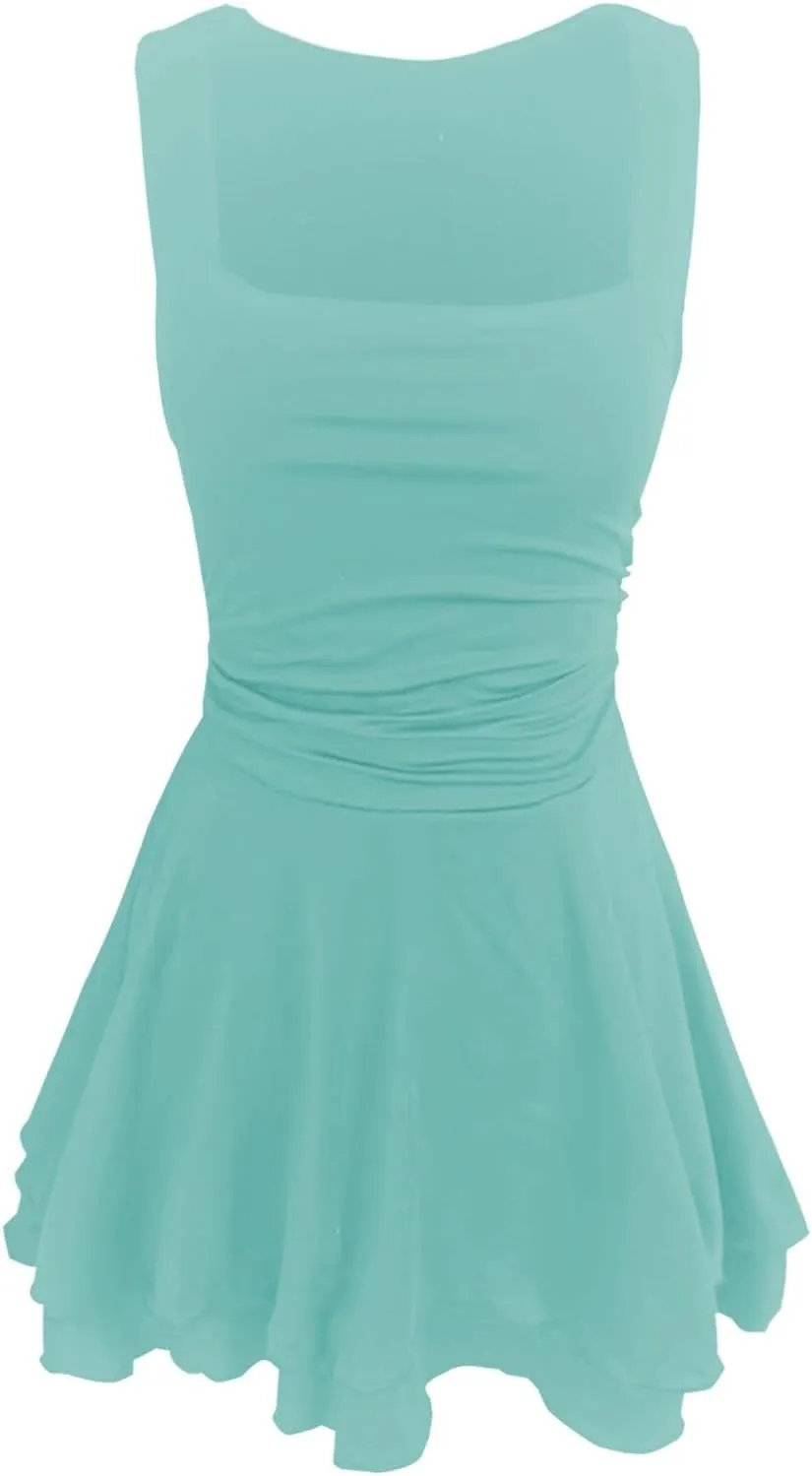 Women's Square Neck Ruffle Hem Mini Dress Ruched Waist Flowy Loose Relaxed Fit Short Trendy Comfy Soft Party Dresses