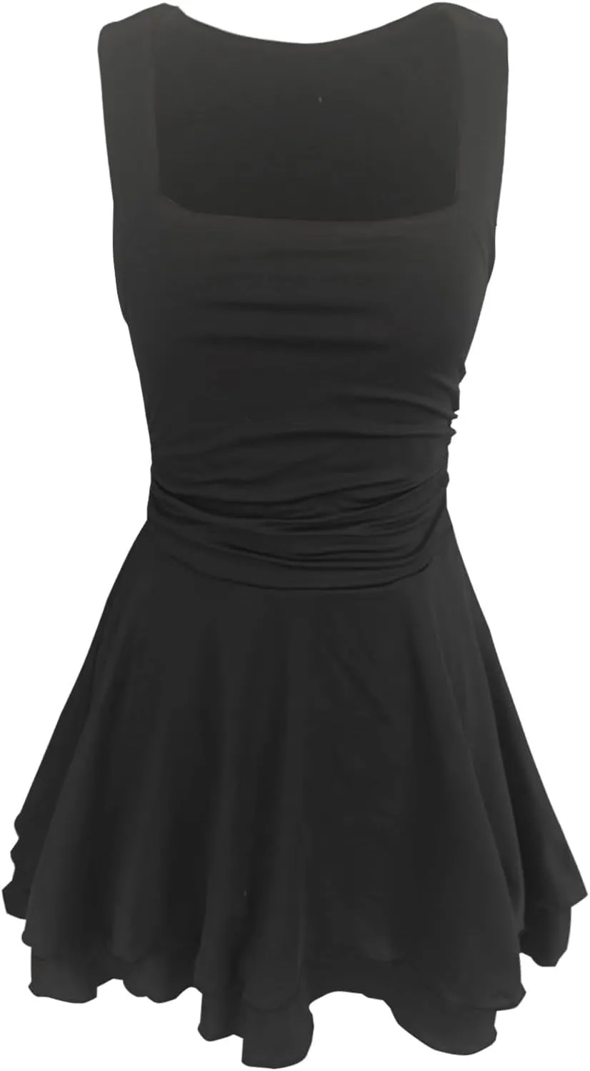 Women's Square Neck Ruffle Hem Mini Dress Ruched Waist Flowy Loose Relaxed Fit Short Trendy Comfy Soft Party Dresses