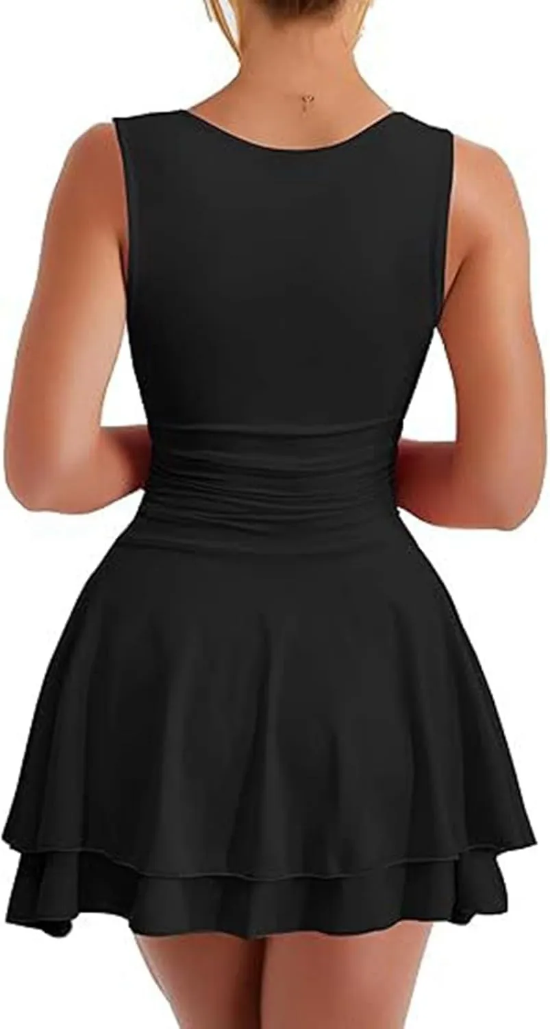 Women's Square Neck Ruffle Hem Mini Dress Ruched Waist Flowy Loose Relaxed Fit Short Trendy Comfy Soft Party Dresses