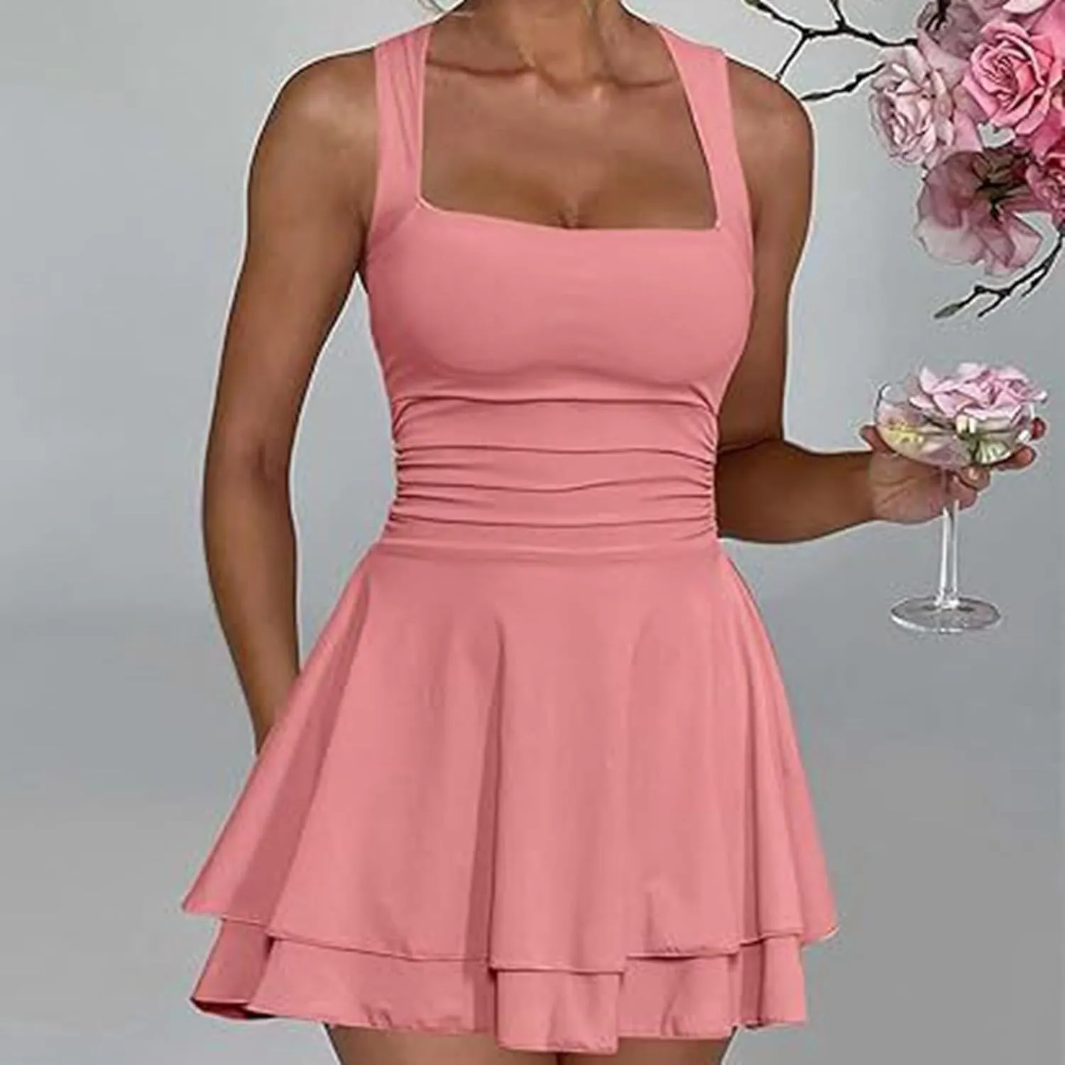 Women's Square Neck Ruffle Hem Mini Dress Ruched Waist Flowy Loose Relaxed Fit Short Trendy Comfy Soft Party Dresses