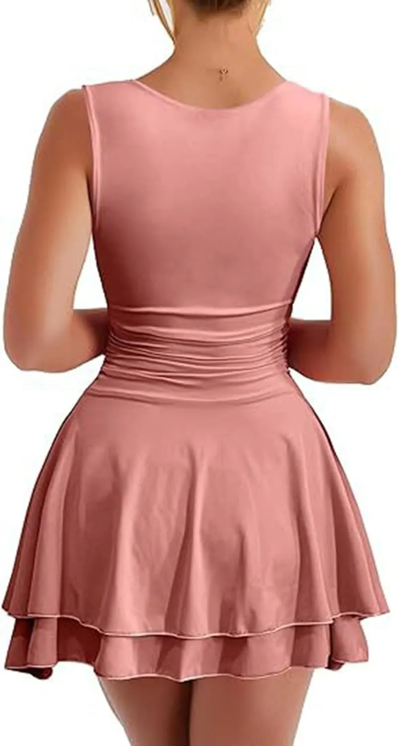 Women's Square Neck Ruffle Hem Mini Dress Ruched Waist Flowy Loose Relaxed Fit Short Trendy Comfy Soft Party Dresses