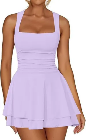 Women's Square Neck Ruffle Hem Mini Dress Ruched Waist Flowy Loose Relaxed Fit Short Trendy Comfy Soft Party Dresses