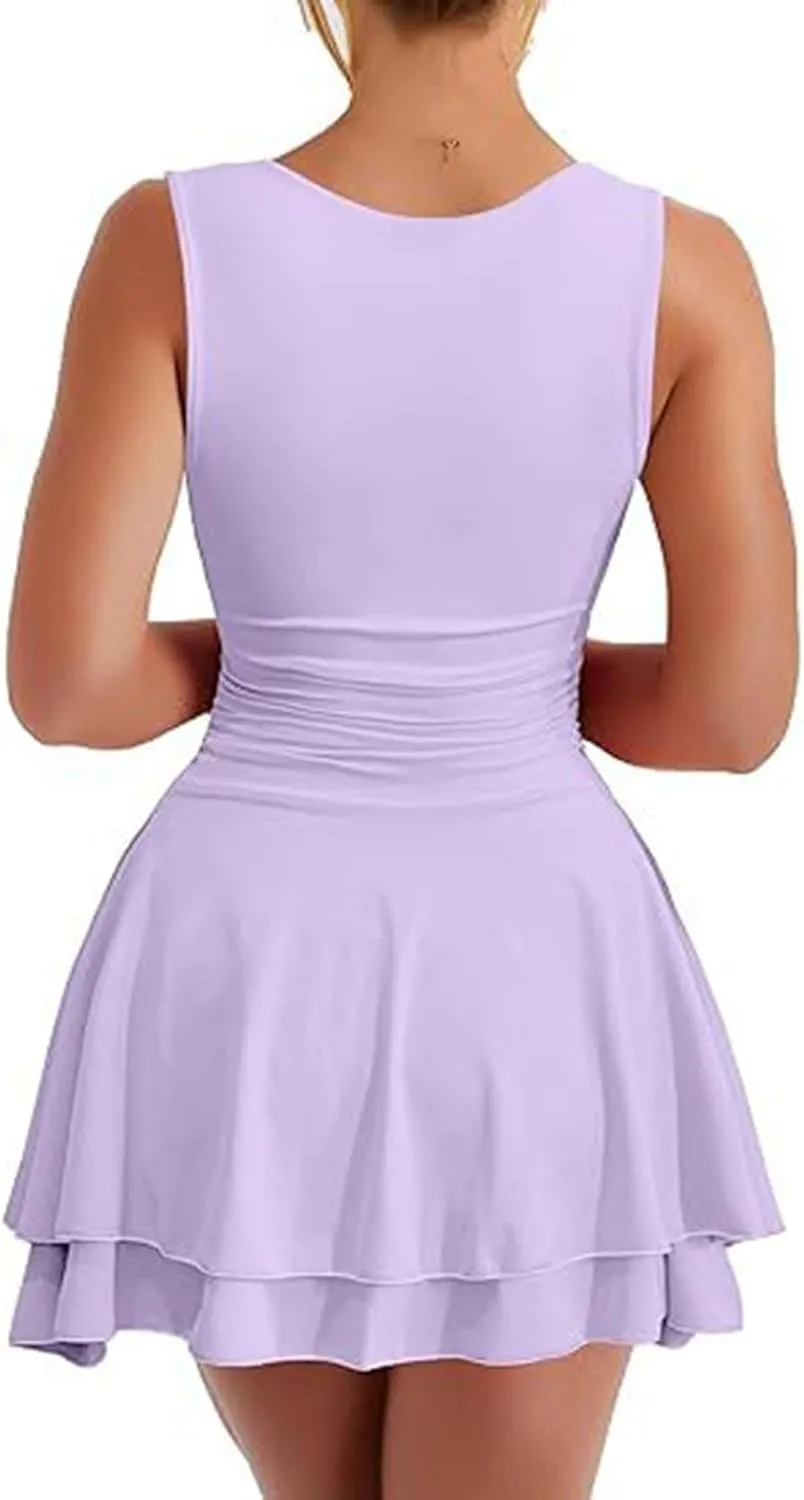 Women's Square Neck Ruffle Hem Mini Dress Ruched Waist Flowy Loose Relaxed Fit Short Trendy Comfy Soft Party Dresses
