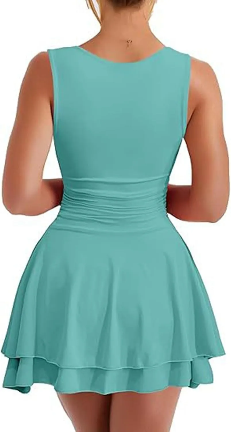 Women's Square Neck Ruffle Hem Mini Dress Ruched Waist Flowy Loose Relaxed Fit Short Trendy Comfy Soft Party Dresses