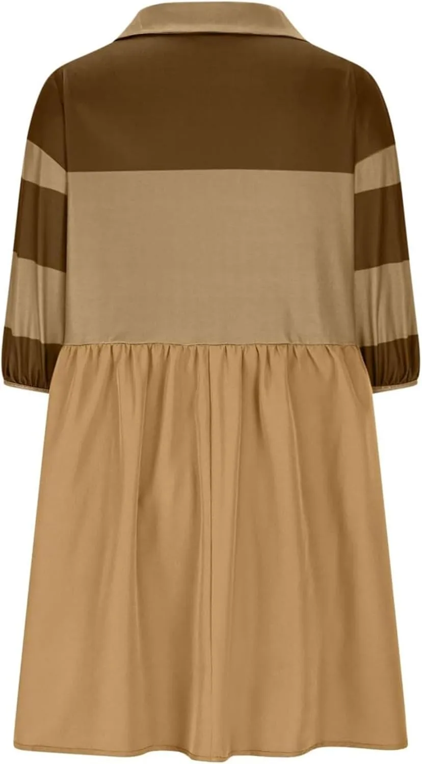 Womens Stripe Lapel Henley Neck Sweatshirt Dress Short Sleeve Drop Shoulder Color Block Ruffle Patchwork Mini Dress