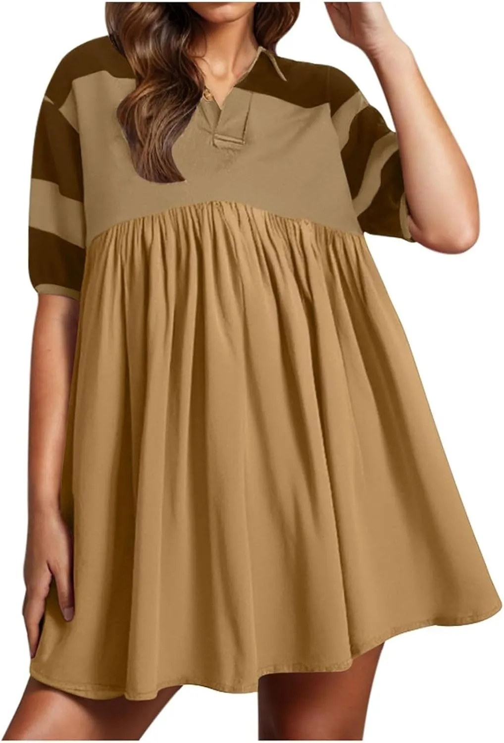 Womens Stripe Lapel Henley Neck Sweatshirt Dress Short Sleeve Drop Shoulder Color Block Ruffle Patchwork Mini Dress