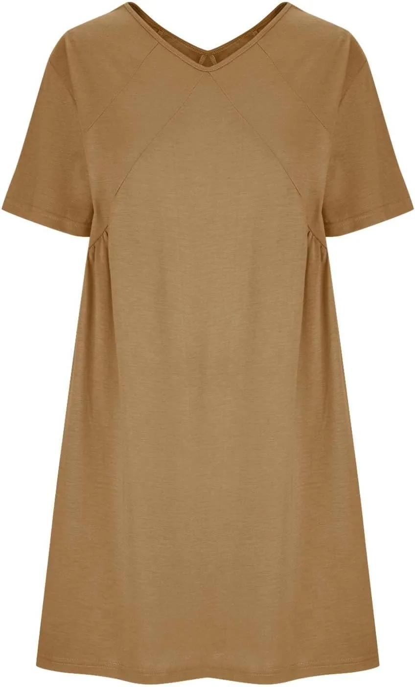 Womens Summer Babydoll Dresses 2024 Casual Short Sleeve Cotton Linen Mini-Dress Trendy Flowy Ruffle Swing Dress