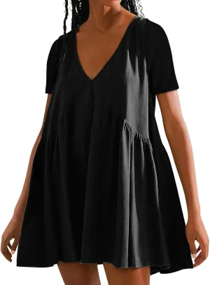 Womens Summer Babydoll Dresses 2024 Casual Short Sleeve Cotton Linen Mini-Dress Trendy Flowy Ruffle Swing Dress