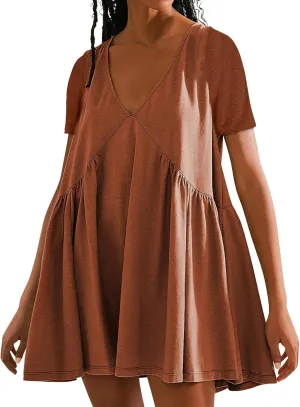 Womens Summer Babydoll Dresses 2024 Casual Short Sleeve Cotton Linen Mini-Dress Trendy Flowy Ruffle Swing Dress